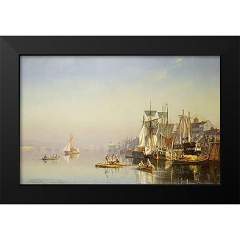 Fishing Boats and Barges On The Thames Black Modern Wood Framed Art Print by Neumann, Carl