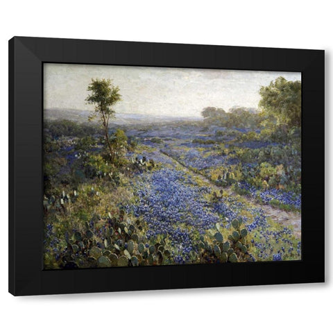 Field of Texas Bluebonnets and Prickly Pear Cacti Black Modern Wood Framed Art Print with Double Matting by Onderdonk, Julian