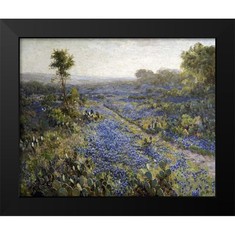 Field of Texas Bluebonnets and Prickly Pear Cacti Black Modern Wood Framed Art Print by Onderdonk, Julian
