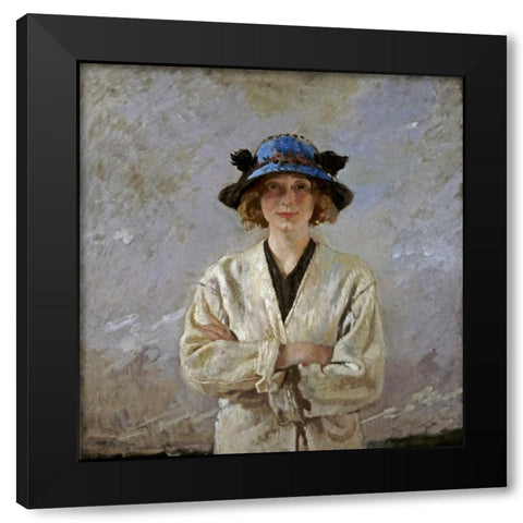 Girl In a Blue Hat Black Modern Wood Framed Art Print with Double Matting by Orpen, Sir William