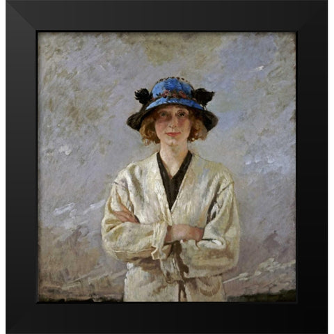 Girl In a Blue Hat Black Modern Wood Framed Art Print by Orpen, Sir William