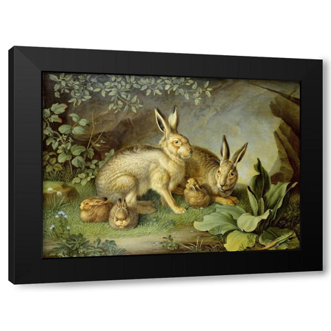 Hares and Leverets In a Rocky Lair Black Modern Wood Framed Art Print by Peter, Johann Wenzel