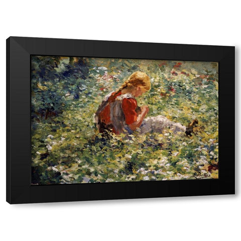 A Young Girl In a Flower Garden Black Modern Wood Framed Art Print with Double Matting by Pieters, Evert