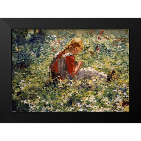 A Young Girl In a Flower Garden Black Modern Wood Framed Art Print by Pieters, Evert