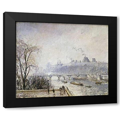 The Louvre and The Seine From The Pont Neuf - Morning Mist Black Modern Wood Framed Art Print with Double Matting by Pissarro, Camille