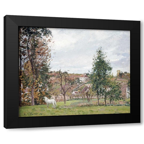 Landscape With a White Horse Black Modern Wood Framed Art Print by Pissarro, Camille
