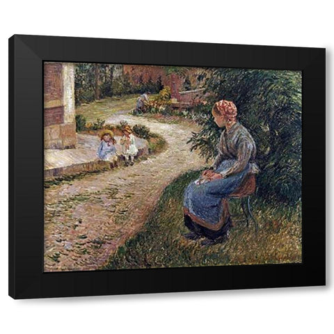 The Maid Sitting In The Garden at Eragny Black Modern Wood Framed Art Print with Double Matting by Pissarro, Camille
