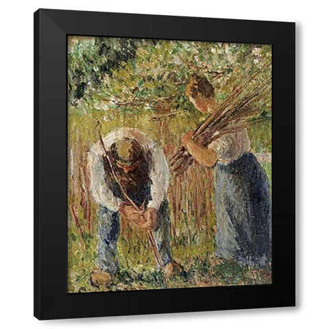 Farm Labourers Planting Stakes Black Modern Wood Framed Art Print with Double Matting by Pissarro, Camille