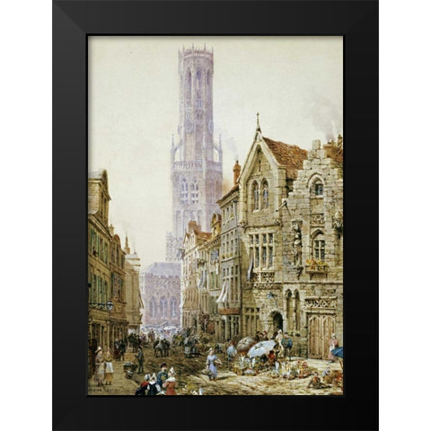 Flower Sellers In Bruges Black Modern Wood Framed Art Print by Rayner, Louise