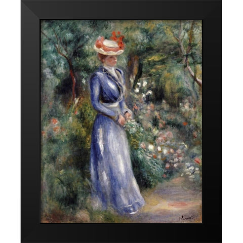 Woman In a Blue Dress Black Modern Wood Framed Art Print by Renoir, Pierre-Auguste