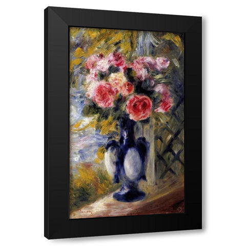 Roses In a Blue Vase Black Modern Wood Framed Art Print by Renoir, Pierre-Auguste