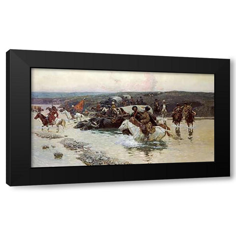 Tcherkess Convoy Crossing a River Black Modern Wood Framed Art Print by Roubaud, Franz Alekseevitch