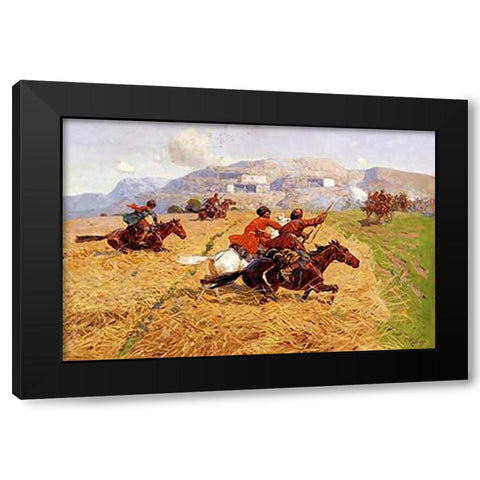 Cossacks Charging Into Battle Black Modern Wood Framed Art Print with Double Matting by Roubaud, Franz Alekseevitch