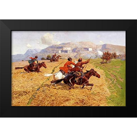 Cossacks Charging Into Battle Black Modern Wood Framed Art Print by Roubaud, Franz Alekseevitch