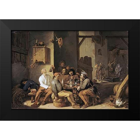 Peasants Smoking and Drinking Black Modern Wood Framed Art Print by Saftleven, Cornelis
