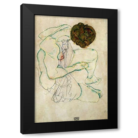 Seated Nude Woman Black Modern Wood Framed Art Print with Double Matting by Schiele, Egon