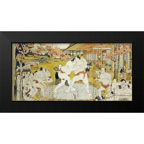 A Triptych of a Wrestling Bout Black Modern Wood Framed Art Print by Shunei, Katsukawa