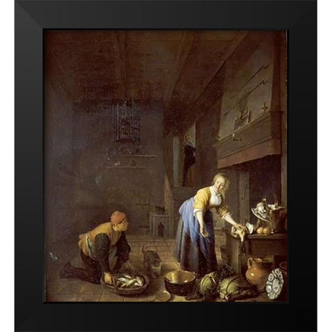 A Kitchen With a Kitchen Maid Black Modern Wood Framed Art Print by Sorgh, Hendrik Martensz