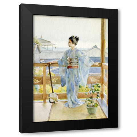 Geisha Standing On a Balcony Black Modern Wood Framed Art Print by Stern, Anton Alois