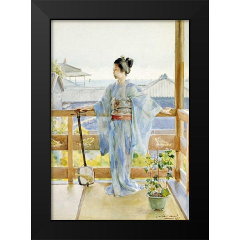 Geisha Standing On a Balcony Black Modern Wood Framed Art Print by Stern, Anton Alois
