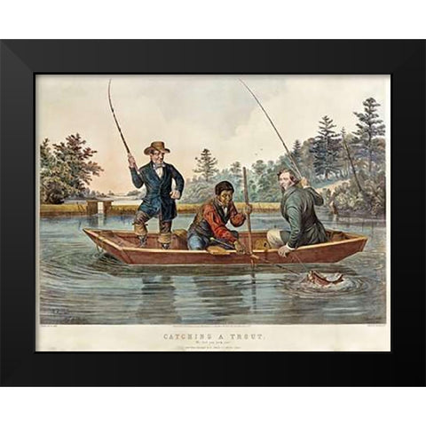 Catching a Trout - We Hab You Now, Sar! Black Modern Wood Framed Art Print by Tait, Arthur Fitzwilliam