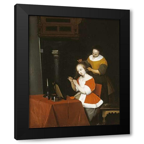 A Young Lady Having Her Hair Combed By a Maid Black Modern Wood Framed Art Print with Double Matting by Ter Borch, Gerard