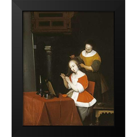 A Young Lady Having Her Hair Combed By a Maid Black Modern Wood Framed Art Print by Ter Borch, Gerard