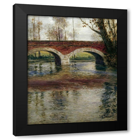 A River Landscape With a Bridge Black Modern Wood Framed Art Print with Double Matting by Thaulow, Fritz