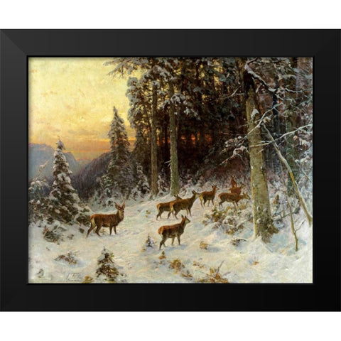 Deer In Winter Wooded Landscape Black Modern Wood Framed Art Print by Thiele, Arthur Julius