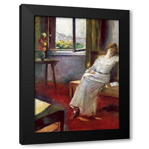 Seated Woman With a Book Black Modern Wood Framed Art Print by Ury, Lesser