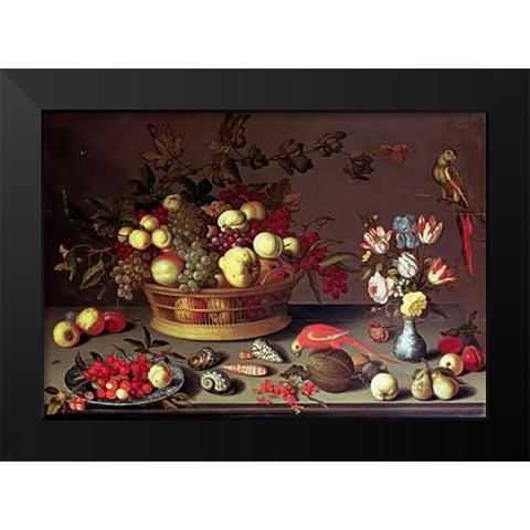 A Basket of Grapes and Other Fruit Black Modern Wood Framed Art Print by Van Der Ast, Balthasar
