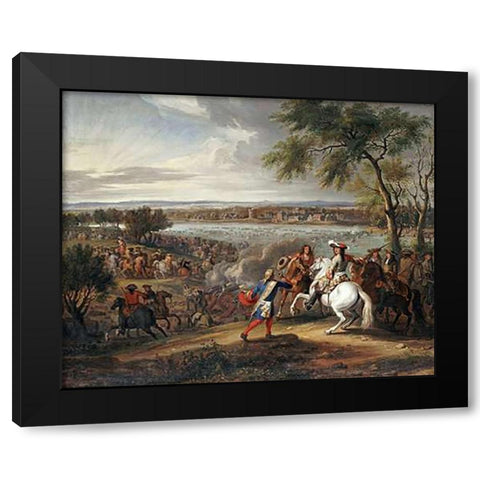 King Louis XIV of France Crossing The Rhine Black Modern Wood Framed Art Print with Double Matting by Van Der Meullen, Adam Frans