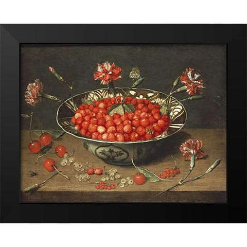 Strawberries In a Bowl Black Modern Wood Framed Art Print by Van Hulsdonck, Jacob