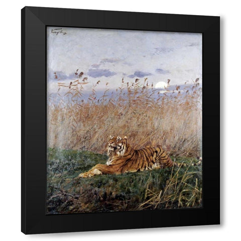 Tiger In The Rushes Black Modern Wood Framed Art Print by Vastagh, Geza
