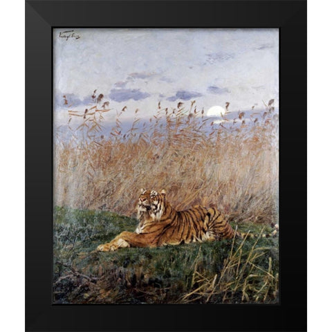 Tiger In The Rushes Black Modern Wood Framed Art Print by Vastagh, Geza