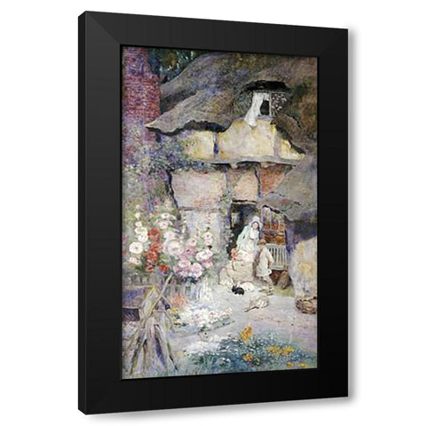 A Mother and Children Feeding Rabbits Black Modern Wood Framed Art Print with Double Matting by Woodlock, David