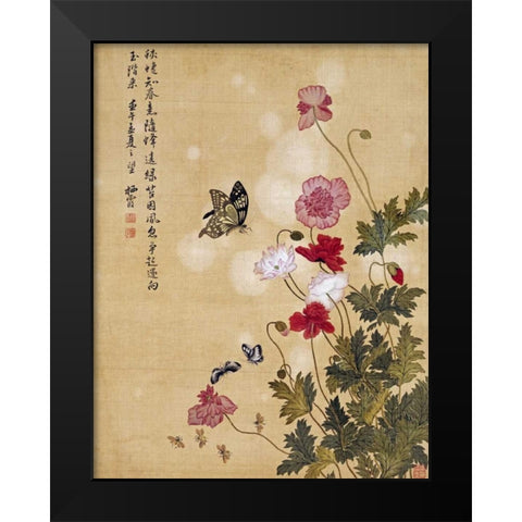 Corn Poppy and Butterflies Black Modern Wood Framed Art Print by Yuanyu, Ma