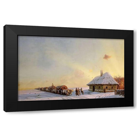 Ukranian Oxcart Drivers In Winter Black Modern Wood Framed Art Print by Aivasowsky, Ivan Konstantinovich