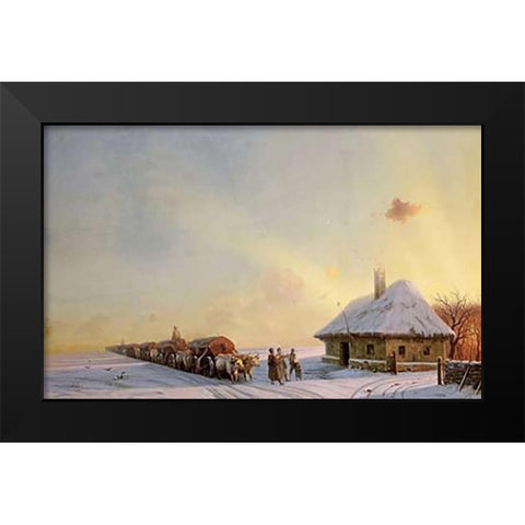 Ukranian Oxcart Drivers In Winter Black Modern Wood Framed Art Print by Aivasowsky, Ivan Konstantinovich