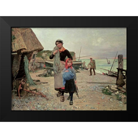 Fisherfolk Returning With Their Nets Black Modern Wood Framed Art Print by Bacon, Henry