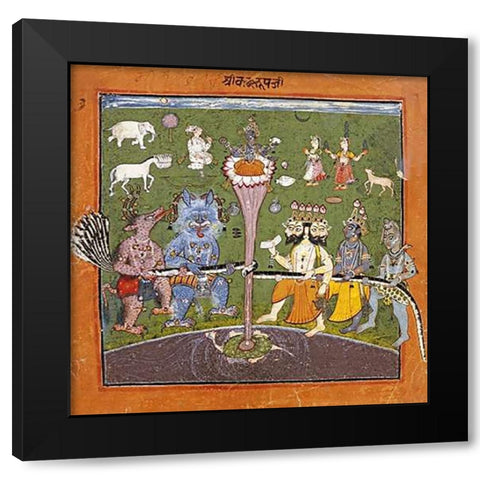 The Churning of The Milky Ocean Black Modern Wood Framed Art Print by Basohli