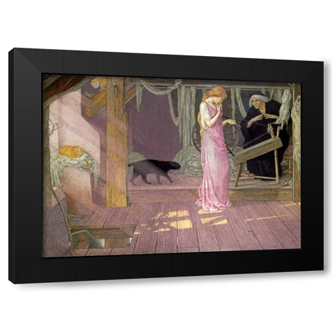 Sleeping Beauty: The Princess Pricks Her Finger Black Modern Wood Framed Art Print by Batten, John Dickson