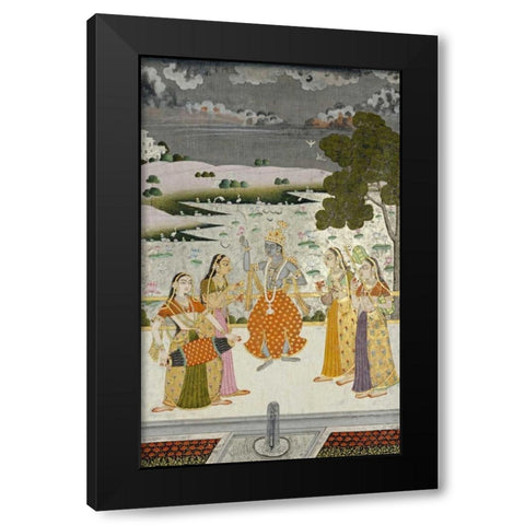 Krishna With The Gopis Black Modern Wood Framed Art Print with Double Matting by Bikaner, Ustad Murad