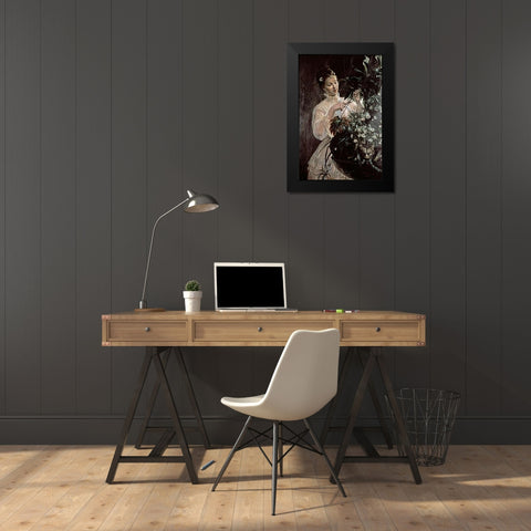 Arranging Flowers Black Modern Wood Framed Art Print by Garin, E