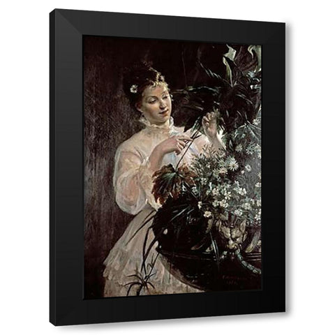 Arranging Flowers Black Modern Wood Framed Art Print by Garin, E