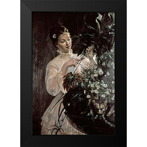 Arranging Flowers Black Modern Wood Framed Art Print by Garin, E