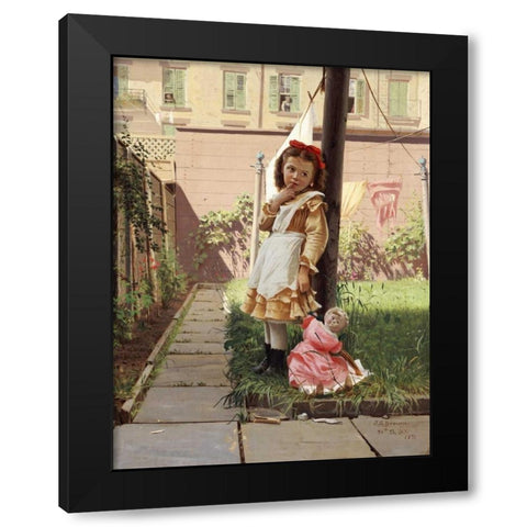 Young Girl In a New York Garden Black Modern Wood Framed Art Print by Brown, John George