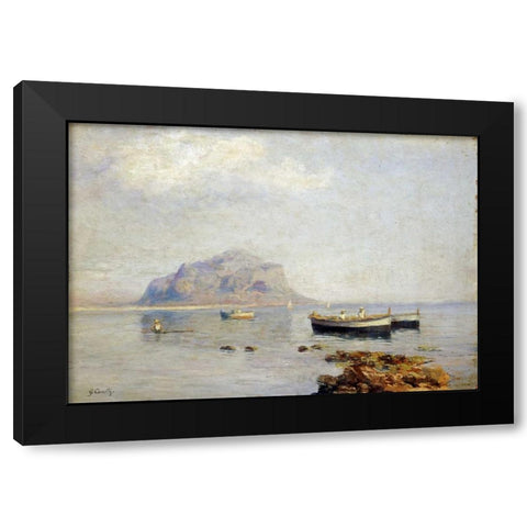 A Calm With Fishing Boats In The Bay of Naples Black Modern Wood Framed Art Print with Double Matting by Carelli, Giuseppe