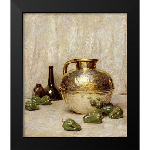 Still Life With Green Peppers and Jug Black Modern Wood Framed Art Print by Carlsen, Soren Emil