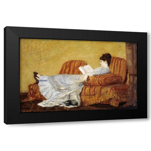 Young Lady Reading Black Modern Wood Framed Art Print with Double Matting by Cassatt, Mary